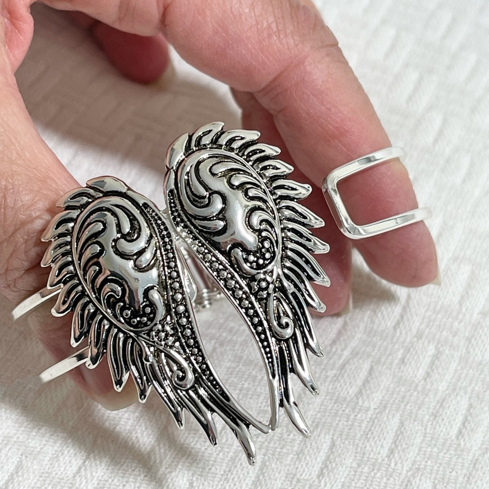 Angel Wings Hinged Bangle Bracelet Silver Tone - Picture 3 of 6